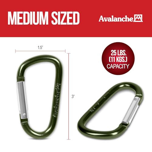 Avalanche 10 Pack 3\" Carabiner Clip - Durable Aluminum D-Style Design for Camping Accessories, Keychain Clip - Heavy Duty 25 lbs. Capacity Multipurpose Carabiner Clips, Medium Size, Green - Thumbnail 6