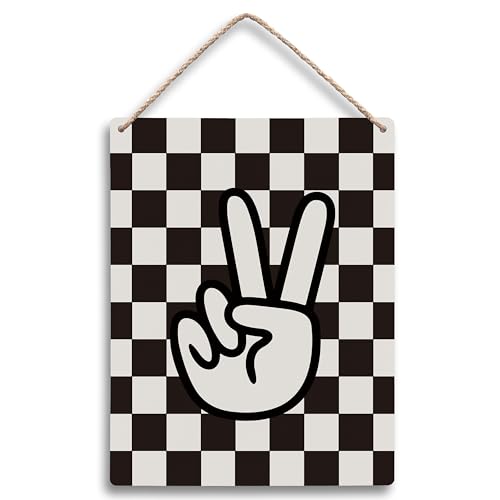 Image of FUGWN Black and White Checkered Peace Sign Hanging Wooden Signs 8x10, Black Preppy Checkerboard Decor for Home Girls Boys Room Dorm, Preppy Checkered Home Decor Gifts for Teen Girls Boys Women