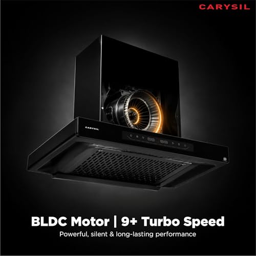 Image of Carysil AeroSync SilentX 60 cm BLDC Motor Kitchen Chimney, T-Shape, 1800 m /hr Suction, Auto-Clean Filterless, 9+ Turbo & Gesture Control, LED Lamp, 12-Year Warranty - Black