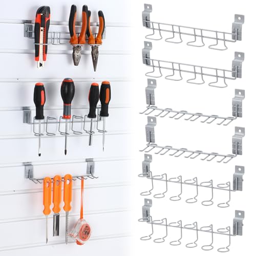 Yaocom 6 Pcs Slatwall Screwdriver Holders Slat Boards Organizer Slatwall Hooks Hangers Plier Holders Accessory Multi Tool Organizer Racks for Garage Shop Retail Store Display, 2 Size 3 Style (Gray)
