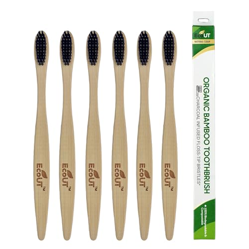 Image of EcoUT Organic Compostable Bamboo Toothbrush with Ultra-Soft Charcoal activated Bristles, 100% Natural & Eco-Friendly (Pack of 6)