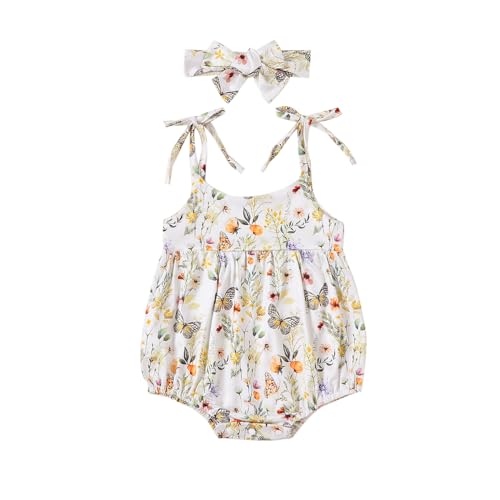 Image of JLKGICF Newborn Baby Girl Summer Clothes Vintage Floral Print Romper Sleeveless Bubble Bodysuit Headband Cute Outfits(Vintage Flower White, 3-6 Months)