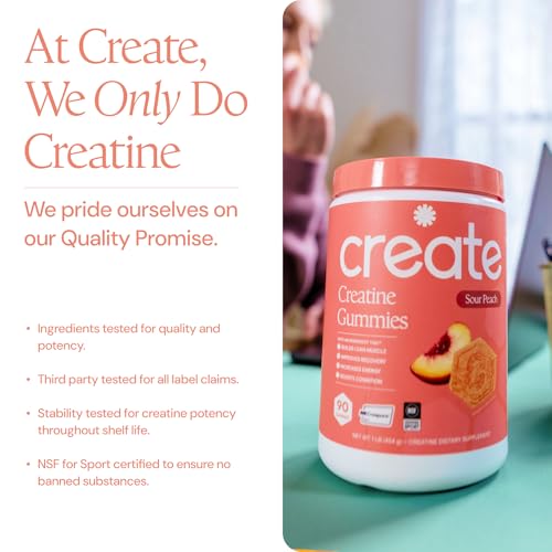 Image of Create Creatine Monohydrate Gummies for Men & Women, Boost Focus, Strength, and Endurance, Anti-Melting Formula, Vegan, Gluten-Free, Non-GMO, 1.5g of Creatine per Gummy (Sour Peach)