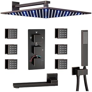 Oil Rubbed Bronze Shower System 4 Way Shower Faucet Thermostatic Shower System with Tub Spout, 12 inch LED Wall Mount Rain Shower Head and Handheld Shower, 6 PCS Body Jets