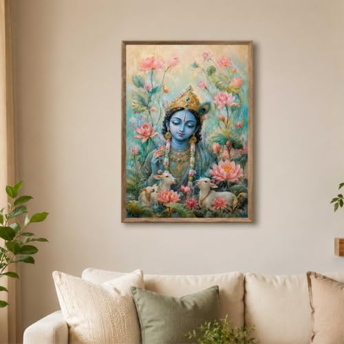 Image of Livin'luxe Lord Krishna Lotus Cow Wall Painting for Living Room Bedroom Kids Room Decor, Devotional Artwork with Sparkle Laminate and Premium Wooden Synthetic Frame (13.5 x 19.5 Inch) NM01-4115