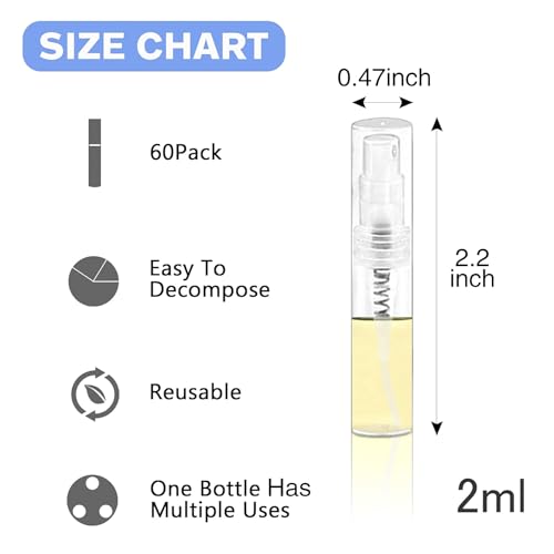 Csdtylh Mini Spray Bottle, Clear Plastic Empty Sample Containers, Fine Mist Perfume Travel Refillable Spray Bottle Perfume Atomizer Small Portable Bottle for Cleaning, Travel, Essential Oils (60, 2ml)