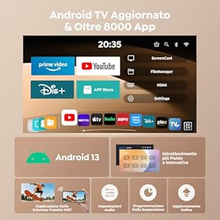 [Android 13|Ottica Corta]Proiettore WIFI6 e Proiettore Portatile Bluetooth 5.4 Two-Way Supporto 1080P 4K Mini Videoproiettore Auto Keystone Rotazione di 270° Per Esterni/Telefoni/HDMI/USB/TV Stick