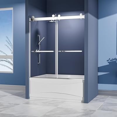 56-60" W x 62" H Double Sliding Frameless Bathtub Shower Doors, Bypass Tub Door with 5/16" (8mm) Clear SGCC Tempered Glass, Noiseless Soft Close & Anti-Jumping System, Chrome