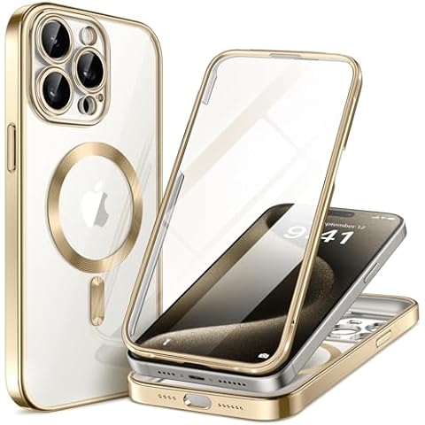 TIESZEN BERFY Magnetic for iPhone 15 Pro Max Case Clear Gold + iPhone 15 Pro Max Magnetic Case Dark Blue, with Built-in 9H Tempered Glass Screen Protector Cover
