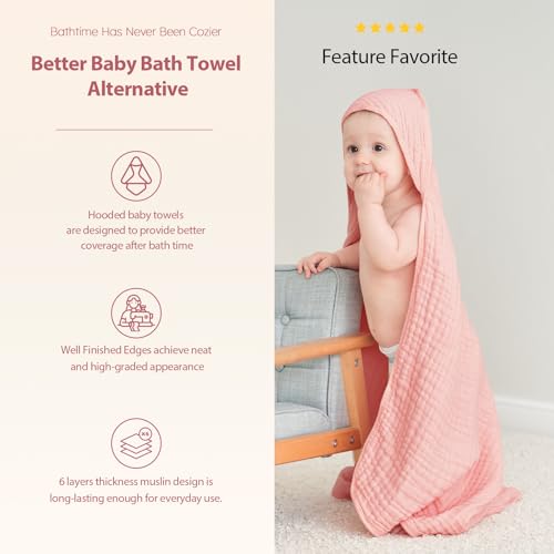 Image of Unnivoll Hooded Baby Towels for Newborn - 2 Pack, 100% Muslin Cotton, Baby Bath Towels with Hood, Soft and Absorbent for Girls Infant, Toddler and Kids, Large 32x32 Inches, Newborn Essential