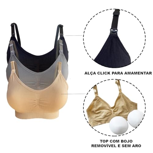 Sutiã de Amamentação Reforçado com Bojo Removível Macio Sem Aro (BR, Alfa, GG, Regular, BEGE/CINZA)