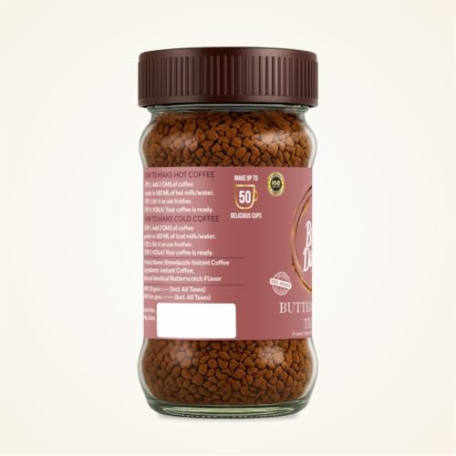 Image of BREW DAZZLE Butterscotch Coffee | Instant Coffee | Rich Flavour Taste & Strong Natural Delightful Coffee Granules | Hot & Cold Coffee Butterscotch Treat | 100% Arabica (100g)