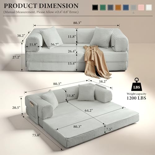 Image of Boneless Couch Futon Sofa Bed Sectional Couches for Living Room,Cloud Couch with Sleeper Sofa,Sofas for Living Room Oversized Corduroy Upholstered (Light Grey, 81 Inches (with Iron Frame))