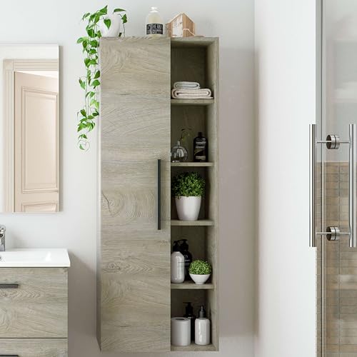 ARKITMOBEL - Columna de Baño Suspendida Grande con 1 Puerta y 7 Estantes, Armario Auxiliar para Baño, Color Roble Alaska, 135x51x25 cm - Modelo Athena - imagen 2