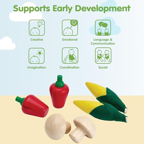 Image of PlanToys Wooden Fresh Produce Corn, Mushrooms & Bell Peppers Kids Play Set | slicing, knife, fruits and vegetables toys, pretend food, girls, boys, fine motor role imaginative social gift preschool