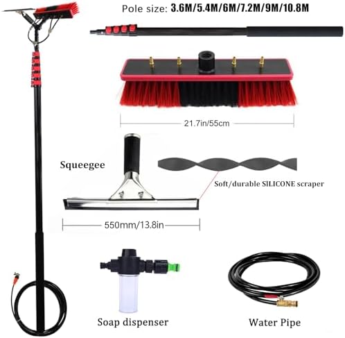 Telescopic Window Cleaning Pole with Water-Fed Brush, Squeegee & Soap Dispenser - Ideal for Solar Panel Cleaning & High Reach Window Washing