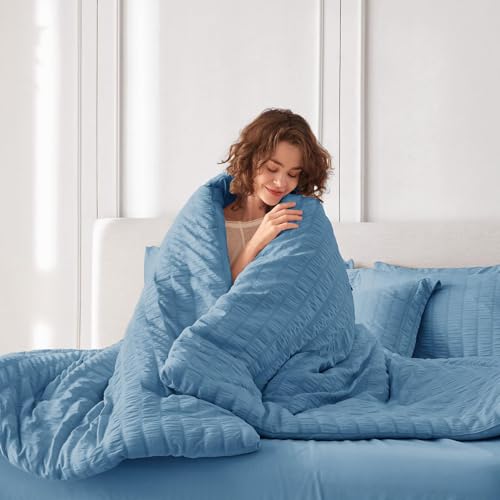 Image of MUXHOMO 7 Pieces King Comforter Set, Seersucker Bed in a Bag King Size, All Season Luxury Bedding Set with Comforter, Flat Sheet, Fitted Sheet, Pillowcases & Shams, Mineral Blue