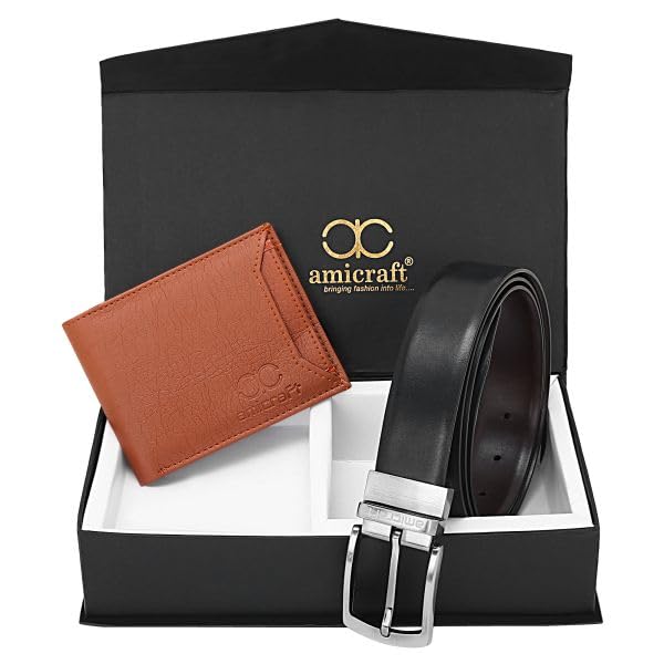Image of Amicraft Men's Faux Leather Combo Pack of Wallet and Belt