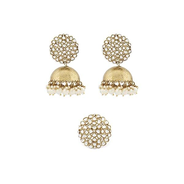 ZAVERI PEARLS Antique Gold Tone Traditional Kundan Jhumki Earring & Ring Set For Women-ZPFK13163