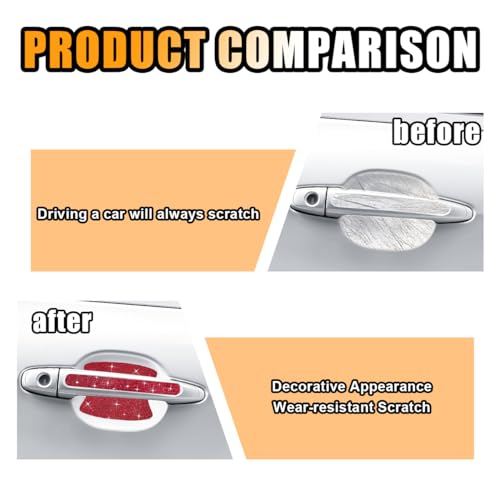 10PCS Bling Car Door Handle Anti-Scratch Sticker, Bling Car Door Handle Sticker, Universal Car Doors Handles Protective Cover, Shiny Rhinestone Auto Decor Accessories for Women (Red)