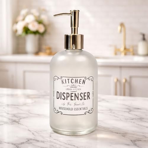 Image of Luxe Home International Kitchen Dispenser Print Glass Soap Dispenser for Bathroom and Kitchen Sink Leak Proof Liquid Hand Wash Round Bottle Lightweight Smooth Finish (19.5x7.5 cm White) Pack of 1