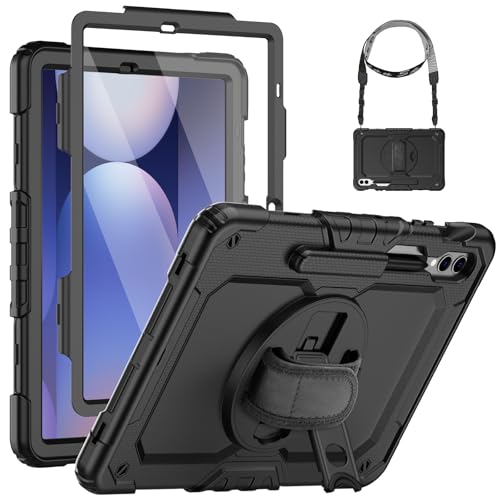 SEYMCY for Samsung Galaxy Tab S10+ / S9+ / S9 FE+ Plus Case 12.4 inch, Shockproof Cover with Screen Protector, 360° Rotating Hand Strap & Stand, Shoulder Strap for Samsung S10/S9 Plus Tablet, Black