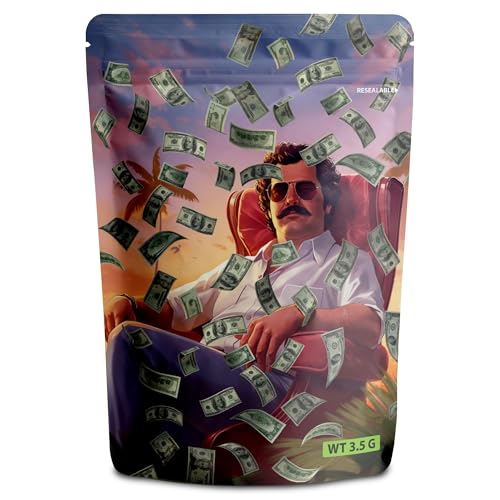 50 Pcs Cali Packs 3.5g Bag Mylar Storage Bags, Ziplock Smell Proof Pouches 12 cm x 10 cm, 3.5g Reusable Baggies for Snack, Candy Cookies Stand up pouches (Money Pablo)