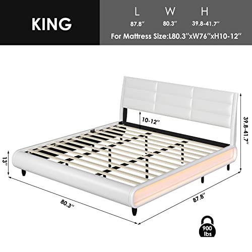 Hostack King Size Upholstered Bed Frame With Smart Led, Pu Low Profile Sleigh Platform Bed With Adjustable Headboard, Modern Mattress Foundation With Wood Slats, Lights Sync With Music (White, King) #TOP1