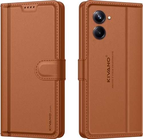Image of KIVANO LUXE Compatible for Realme 10 Pro 5G Luxury Handmade Leather Magnetic Flip Folio Case | Card Holder & Kickstand | Slim Protective Cover | Unisex - Brown