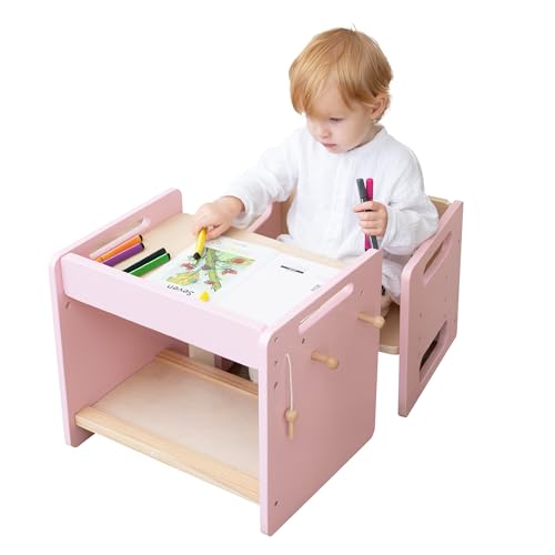 Image of Montessori Weaning Table and Chair Set, Adjustable Toddler Table, Pink | Adjustable Wooden Design for Meals, Learning, Play, and Everyday Routines