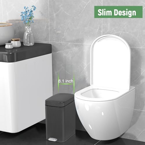 Image of rejomiik Small Bathroom Trash Can with Lid Slim Soft Close Garbage Can Step Wastebasket Container Trash Bin for Office Bedroom Kitchen Living Room (2.6 Gallon Dark Gray)