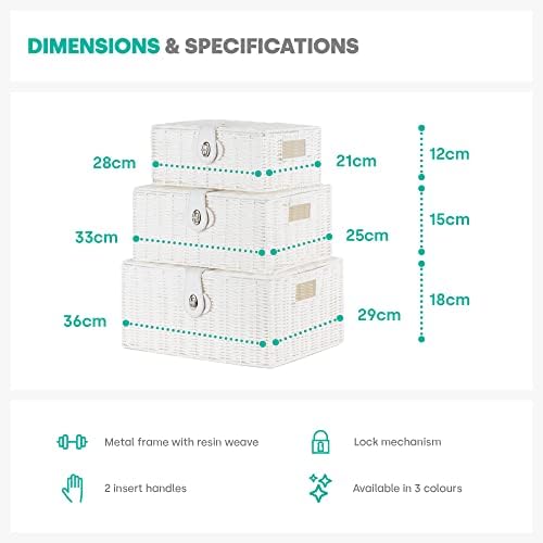 LIVIVO Set of 3 Resin Woven Wicker Hamper Basket Storage Box with Lid and Lock (Set of 3 White)