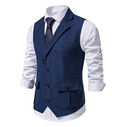 chouyatou Men's Herringbone Tweed Vest Notched Lapel Single Breasted Sleeveless Vest Jacket