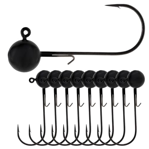 Reaction Tackle Ball Jig Heads - Round Head Jigs for Bass Walleye Crappie and Panfish - Soft Plastic Jig Heads for Freshwater and Saltwater - 1/4 Oz - 2/0 Hook Black (10-Pack)