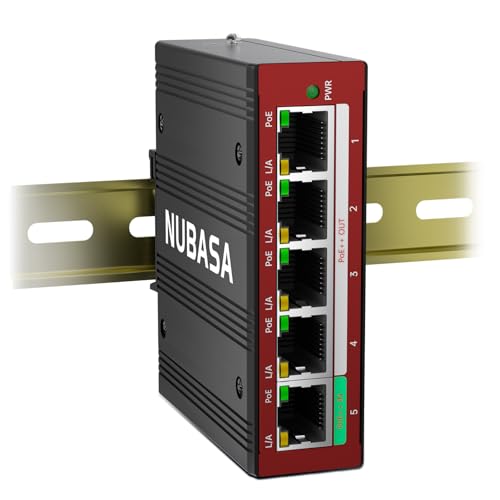 NUBASA Industrial 5 Ports PoE Passthrough Switch | 1 x PoE++ Input 4 802.3at Powered Outputs | Extends Ethernet up to 656ft(200m) | Outdoor & Indoor Friendly PoE Powered Switch | Ultra-Compact