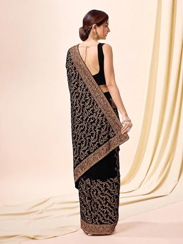 Image of TRENDMALLS Women's Vichitra Silk Heavy Embroidery With Siroski Stone Work Saree with Unstitch Blouse Piece For Women