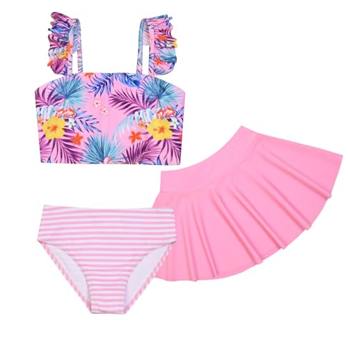 Image of CHILDRENSTAR Girls Tankini Swimsuit with Skirt 3 Pieces Bikini Bathing Suit | 3-Piece Swim Suits with Skirt For Modest Adjustable Straps Shiny Sparkle Mermaid and Tropical Print Cute Beach Swimwear