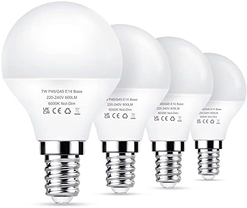 Flaspar E14 LED Light Bulb, G45 Golf Ball Bulbs 60W Equivalent, 7W Small Edison Light Bulbs, 600LM 6000K Daylight White, Non-Dimmable, 4 Pack