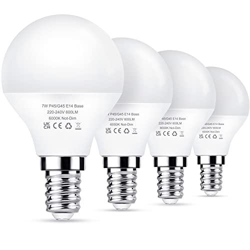 Flaspar E14 LED Light Bulb, G45 Golf Ball Bulbs 60W Equivalent, 7W Small Edison Light Bulbs, 600LM 6000K Daylight White, Non-Dimmable, 4 Pack