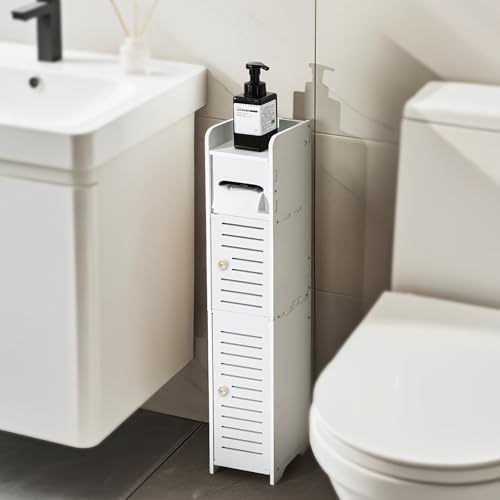 Bingobang Toilet Roll Holder Free Standing with Storage Shelf Toilet Paper Stand with Crystal Door Handle Waterproof Bathroom Storage Tissue Cabinet Organiser for Loo Small Space White