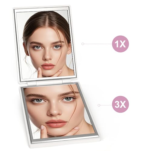 Kintion Taschenspiegel, 1X/3X Reisespiegel mit Vergrößerung, Kleiner Spiegel, Taschenspiegel Klappbar, Handlich, Geschenkidee für Frauen, für Geldbörsen und Reisen, Weiß
