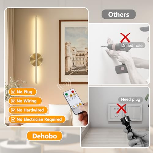 Rechargeable Wall Sconce Lights, Battery Operated Wall Lights 3 Color Temperature, Gold Wall Lights Dimmable Wireless with Remote Control Golden 60CM for Living Room Bedroom Hallway, 2 Pack - Image 2