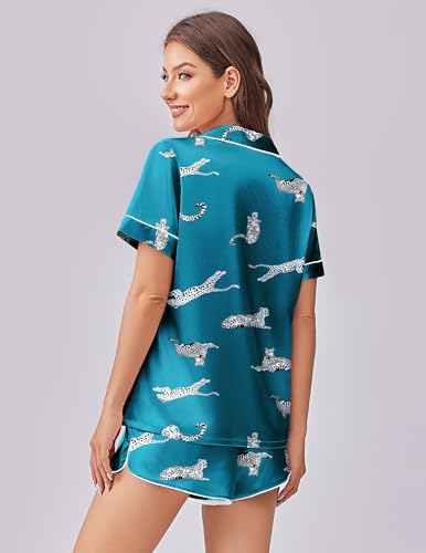 Image of Ekouaer Womens Silk Satin Pajama Set Print Short Sleeve Sleepwear Button Down Pjs Shorts Set Loungewear
