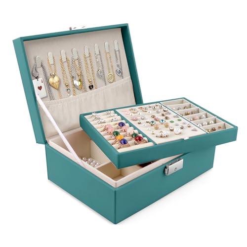 Homeanda Joyero de 2 capas, cajas de joyería de cuero para mujeres, niñas, adolescentes, organizador de joyas, caja de almacenamiento de joyas con cerradura (UG-verde)