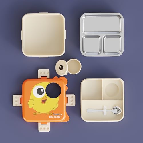 Image of Darkpyro Super Bite Buddy Cartoon Kids Lunch Box with Compartments - Air Vent, Spoon, Sauce Container & Stainless Steel Tray - Orange Chick Design (1100ml+50ml)