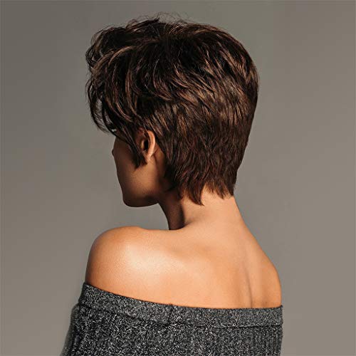 Baosity Peruca feminina curta e estilosa de cabelo humano liso ondulado corte Pixie Cosplay Party Br