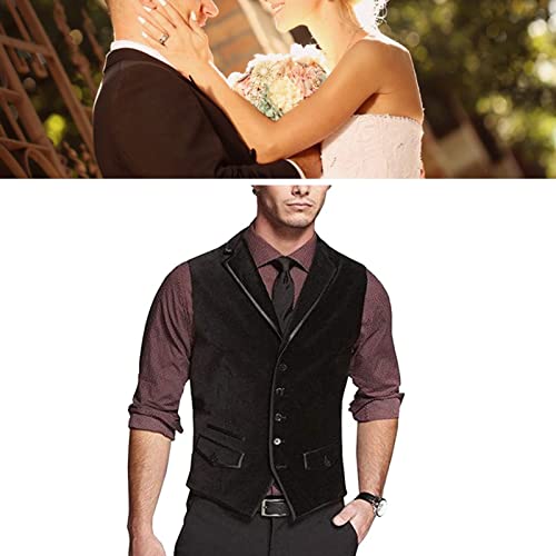Men's Black Velvet Wedding Suit Vest with 2 Pockets Lapel 5 Button Formal Dress Waistcoat for Prom Party (Size : Large)2