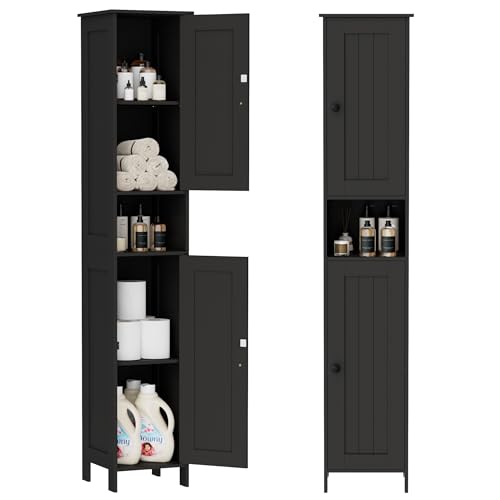 Homleke Tall Bathroom Storage Cabinet with 2 Doors, 67'H Narrow Storage Cabinet with Adjustable Shelves& Anti-Tip Design, Reversible Door Installation, Easy Assembly, 11.8 x 11.8 x 66.9 Inches, Black