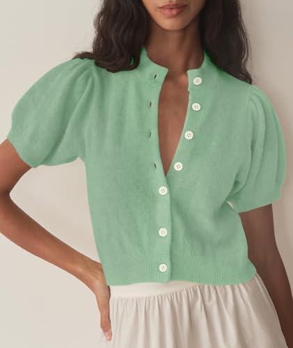 Image of Womens Puff Short Sleeve Cardigan Sweaters Cropped Button up Lightweight Y2k Knit Summer Cardigans