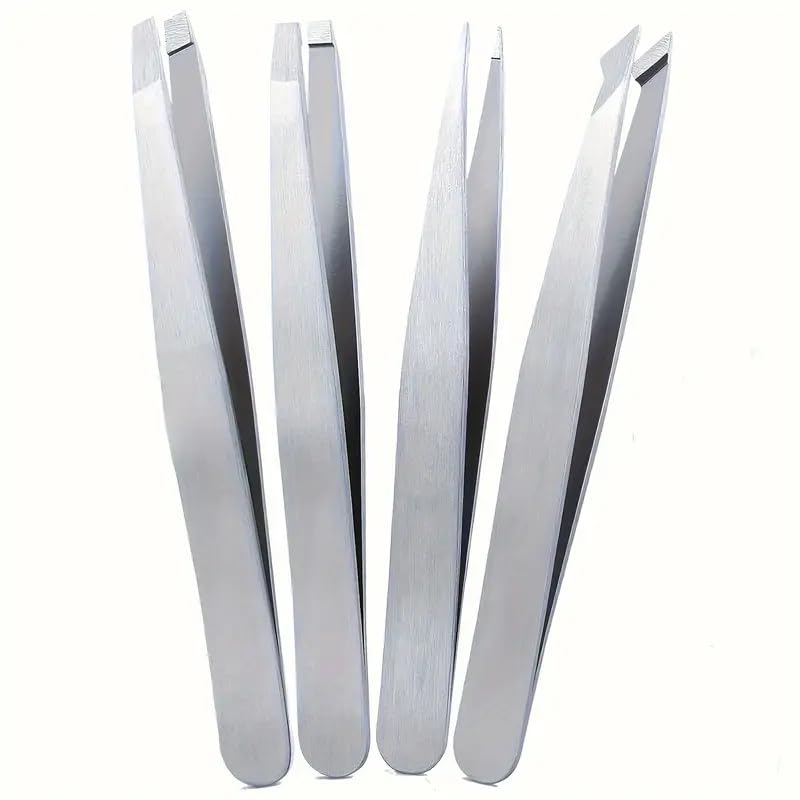 4pcs Precision Tweezers Set for Eyebrows & Ingrown Hair Removal - Professional Stainless Steel, Ideal for Facial Hair, Splinters & Blackhead Removal, Includes Slant Tip & Pointed Tips